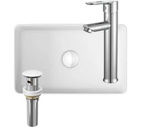 Раковина накладная на столешницу Bauedge BAU Mini прямоугольная, 38x24, белая, смеситель для раковины высокий Diadonna Dream, латунь, выпуск клик-клак, белый BH1037