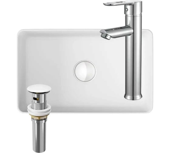 Раковина накладная на столешницу Bauedge BAU Mini прямоугольная, 38x24, белая, смеситель для раковины высокий Diadonna Dream, латунь, выпуск клик-клак, белый BH1037 1