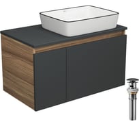 Тумба с раковиной и выпуском Bauedge (тумба Bau Dream 80, графит + раковина санфаянс накладная BAU Hotel Black Rand 48х37, выпуск клик-клак, черный) BD2218