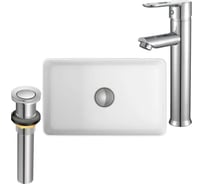 Раковина накладная на столешницу Bauedge BAU Mini прямоугольная, 38x24, белая, смеситель для раковины высокий Diadonna Dream, латунь, выпуск клик-клак, хром BH1035