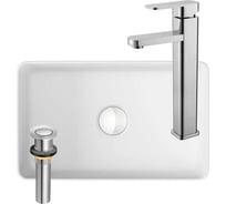 Раковина накладная на столешницу Bauedge BAU Mini прямоугольная, 38x24, белая, смеситель для раковины высокий Potato Hotel, выпуск клик-клак, хром BH1034