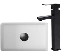 Раковина накладная на столешницу Bauedge BAU Mini прямоугольный, 38x24, белая, смеситель для раковины высокий Potato Black, черный BH1070