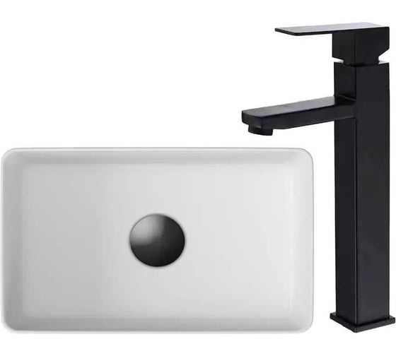 Раковина накладная на столешницу Bauedge BAU Mini прямоугольный, 38x24, белая, смеситель для раковины высокий Potato Black, черный BH1070 1