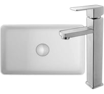 Раковина накладная на столешницу Bauedge BAU Mini прямоугольный, 38x24, белая, смеситель для раковины высокий Hotel Still, цвет нержавеющая сталь BH1071