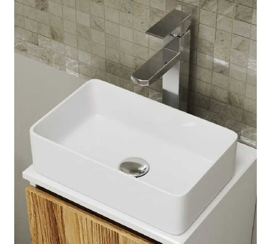 Раковина накладная на столешницу Bauedge BAU Mini прямоугольный, 38x24, белая, смеситель для раковины высокий Hotel Still, цвет нержавеющая сталь BH1071