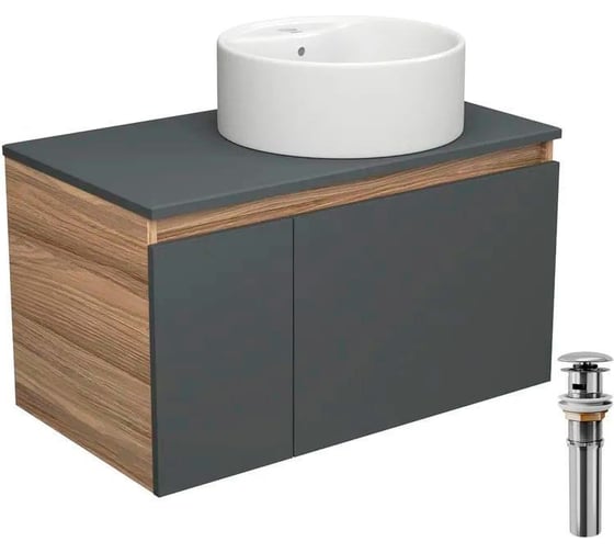 Тумба с раковиной и выпуском Bauedge (тумба Bau Dream 80, графит + раковина накладная BAU Element D40, с отверстием под смеситель, выпуск клик-клак, хром) BD2321