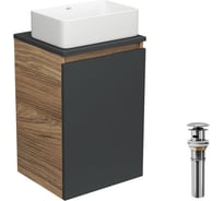 Тумба с раковиной и выпуском Bauedge (тумба Bau Dream 40, графит + раковина санфаянс накладная прямоугольная BAU Hotel mini 37x23, выпуск клик-клак, хром) BD1931