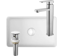 Раковина накладная на столешницу Bauedge BAU Mini прямоугольная, 38x24, белая, смеситель для раковины высокий Potato Hotel, выпуск клик-клак, белый BH1036