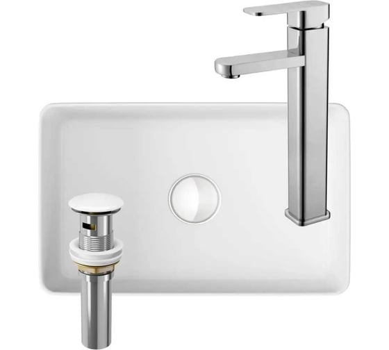 Раковина накладная на столешницу Bauedge BAU Mini прямоугольная, 38x24, белая, смеситель для раковины высокий Potato Hotel, выпуск клик-клак, белый BH1036
