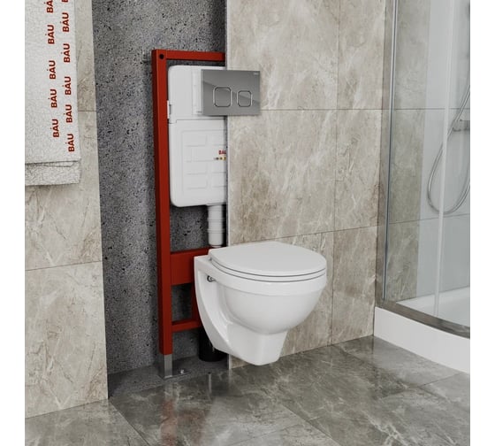 Комплект BAU 6 в 1 Bauedge: усиленная инсталляция BAU IDEAL, унитаз подвесной Creo Ceramique PROJECT 355х490х375 с быстросъемным сиденьем микролифт, клавиша BAU Strike хром E458103-PR1100N-E00101