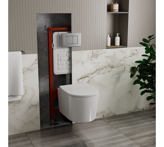 Комплект BAU 6 в 1 Bauedge: усиленная инсталляция BAU IDEAL, унитаз подвесной безободковый Bau Hotel PRO, сиденье микролифт, клавиша BAU Light антивандальная, нерж. сталь брашированная, E458103-NM0003-PRO-E00107