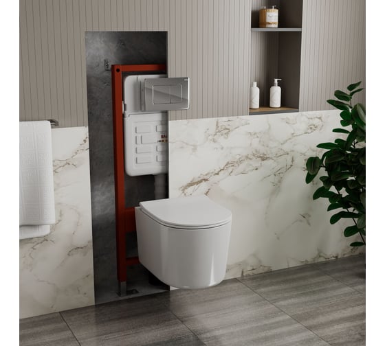 Комплект BAU 6 в 1 Bauedge: усиленная инсталляция BAU IDEAL, унитаз подвесной безободковый Bau Hotel PRO, сиденье микролифт, клавиша BAU Light антивандальная, нерж. сталь хром E458103-NM0003-PRO-E00105