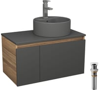 Комплект Bauedge тумба Bau Dream Blackwood графит 80, раковина круглая BAU Element D41, темно-серая, смеситель Hotel Stil, нерж сталь, выпуск клик-клак белый BD2886