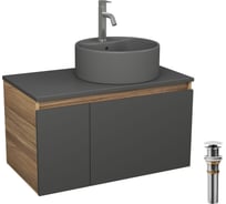 Комплект Bauedge тумба Bau Dream Blackwood графит 80, раковина круглая BAU Element D41, темно-серая, смеситель Hotel Dream, нерж сталь, выпуск клик-клак белый BD2889