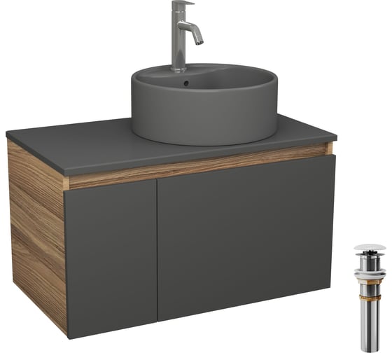Комплект Bauedge тумба Bau Dream Blackwood графит 80, раковина круглая BAU Element D41, темно-серая, смеситель Hotel Dream, нерж сталь, выпуск клик-клак белый BD2889