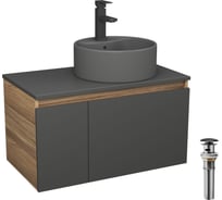 Комплект Bauedge тумба Bau Dream Blackwood графит 80, раковина круглая BAU Element D41, темно-серая, смеситель Hotel Black, черный матовый, выпуск клик-клак черный BD2887