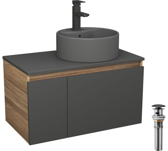 Комплект Bauedge тумба Bau Dream Blackwood графит 80, раковина круглая BAU Element D41, темно-серая, смеситель Hotel Black, черный матовый, выпуск клик-клак черный BD2887