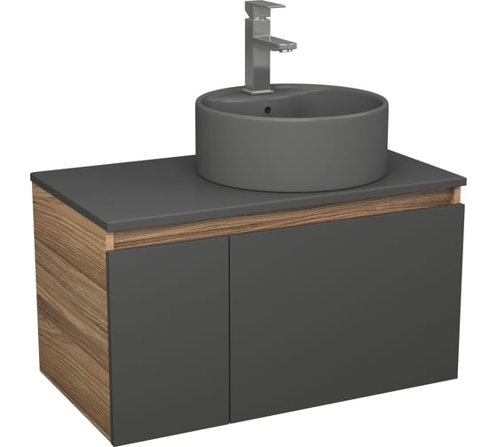 Комплект Bauedge тумба Bau Dream Blackwood графит 80, раковина круглая BAU Element D41, темно-серая, смеситель Hotel Stil, нерж сталь BD2878 1