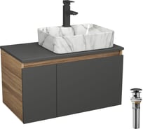 Комплект Bauedge тумба подвесная под раковину Bau Dream Blackwood графит 80, 1 ящик, дверца слева, раковина прямоугольная BAU Cerama 48х37, мрамор, смеситель Hotel Black, выпуск клик-клак черный BD3103