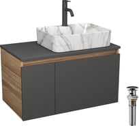 Комплект Bauedge тумба подвесная под раковину Bau Dream Blackwood графит 80, 1 ящик, дверца слева, раковина прямоугольная BAU Cerama 48х37, мрамор, смеситель Hotel Dream, черный выпуск клик-клак черный BD3106