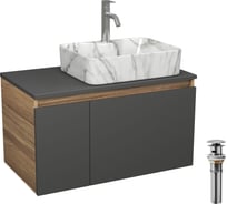 Комплект Bauedge тумба подвесная под раковину Bau Dream Blackwood графит 80, 1 ящик, дверца слева, раковина прямоугольная BAU Cerama 48х37, мрамор, смеситель Hotel Dream, нерж сталь, выпуск клик-клак хром BD3104