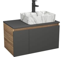 Комплект Bauedge тумба подвесная под раковину Bau Dream Blackwood графит 80, 1 ящик, дверца слева, раковина прямоугольная BAU Cerama 48х37, мрамор, смеситель Hotel Black, черный матовый BD3095