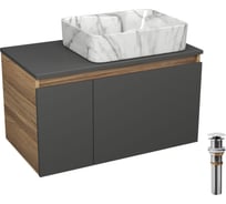 Комплект Bauedge тумба подвесная под раковину Bau Dream Blackwood графит 80, 1 ящик, дверца слева, раковина прямоугольная BAU Cerama 48х37, мрамор, выпуск клик-клак белый BD3098