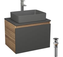 Комплект Bauedge тумба подвесная Bau Dream Blackwood графит 60, 1 ящик, раковина прямоугольная BAU Hotel 48х37, темно-серая матовая, смеситель Hotel Stil, нерж. сталь, выпуск клик-клак, черный BD3133