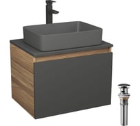 Комплект Bauedge тумба подвесная Bau Dream Blackwood графит 60, 1 ящик, раковина прямоугольная BAU Hotel 48х37, темно-серая матовая, смеситель Hotel Stil черный, выпуск клик-клак, черный BD3136