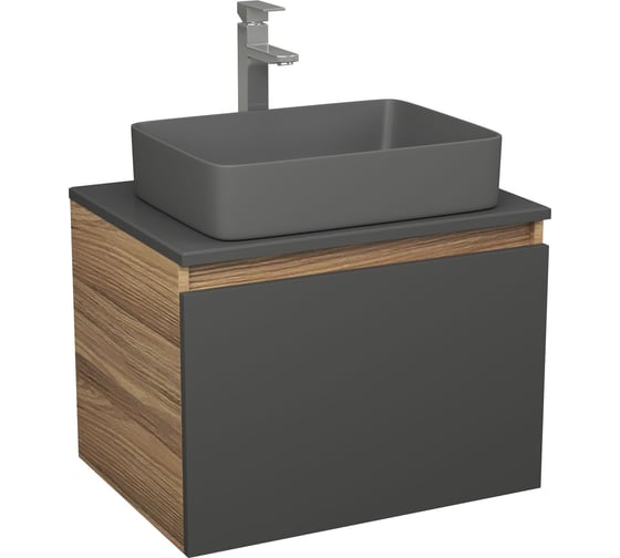 Комплект Bauedge тумба подвесная Bau Dream Blackwood графит 60, 1 ящик, раковина прямоугольная BAU Hotel 48х37, темно-серая матовая, смеситель Hotel Stil, нерж. сталь BD3128 1