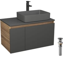Комплект Bauedge тумба подвесная под раковину Bau Dream Blackwood графит 80, 1 ящик, раковина прямоугольная 48х37, темно-серая матовая, смеситель, выпуск клик-клак, черный BD3146