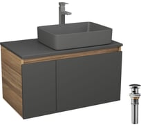 Комплект Bauedge тумба подвесная под раковину Bau Dream Blackwood графит 80, 1 ящик, раковина прямоугольная 48х37, темно-серая матовая, смеситель, выпуск клик-клак, черный BD3143