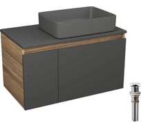 Комплект Bauedge тумба подвесная под раковину Bau Dream Blackwood графит 80, 1 ящик, дверца слева, раковина прямоугольная BAU Hotel 48х37, темно-серая матовая, выпуск клик-клак, белый BD3140