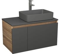 Комплект Bauedge тумба подвесная под раковину Bau Dream Blackwood графит 80, 1 ящик, дверца слева, раковина прямоугольная BAU Hotel 48х37, темно-серая матовая, смеситель Hotel Stil, нерж. сталь BD3138