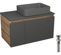 Комплект Bauedge тумба подвесная под раковину Bau Dream Blackwood графит 80, 1 ящик, дверца слева, раковина прямоугольная BAU Hotel 48х37, темно-серая матовая, выпуск клик-клак, черный BD3141