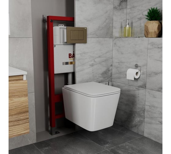 Комплект Bauedge BAU 6 в 1: инсталляция BAU PRO, унитаз подвесной безободковый OWL Vatter Ruta-H 53x36,5, быстросьёмное сиденье микролифт, клавиша BAU Stil, бронза Q111300-OWLT190401-Q00012