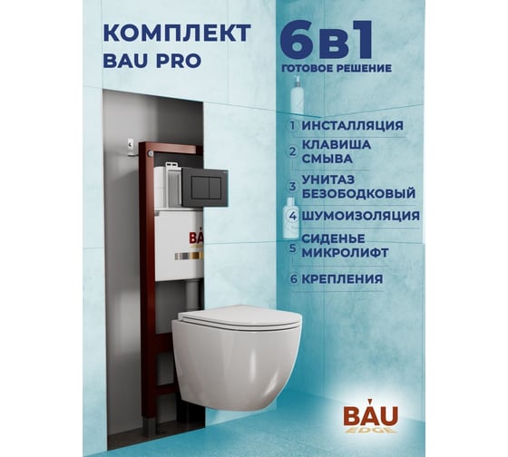 Комплект Bauedge BAU 6 в 1: инсталляция BAU PRO, унитаз подвесной безободковый, со смывом торнадо Grossman Hurricane 3, сиденье дюропласт микролифт, клавиша BAU Stil, черный матовый Q111300-GR-4455SQ-Q00003