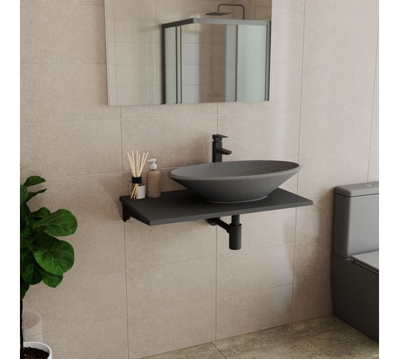 Раковина накладная кварцевая Bauedge BAU Nimb 70, серый металлик донным клапаном, хром + смеситель Hotel Still, черный XMY0104