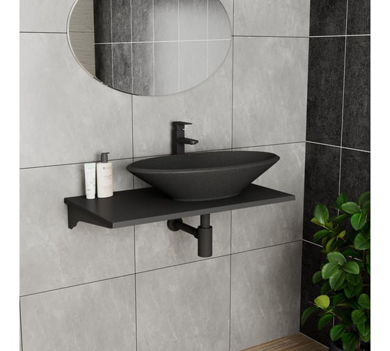 Раковина накладная кварцевая Bauedge BAU Nimb 70, черный металлик с донным клапаном, хром + смеситель Hotel Still, черный XMY0103