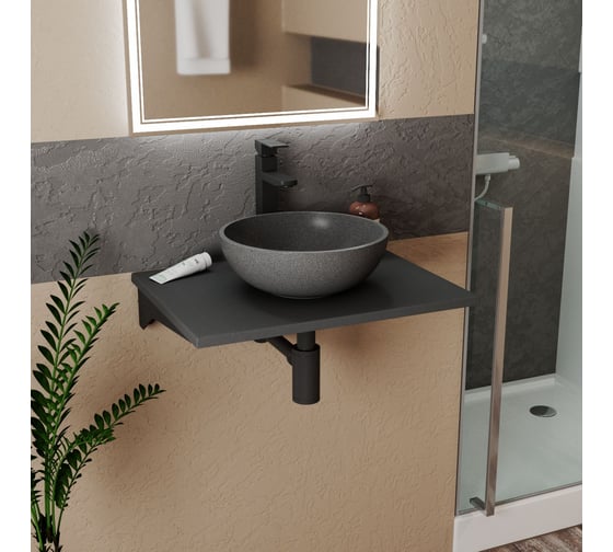 Раковина накладная кварцевая Bauedge BAU Dream 35, серый металлик с декоративной накладкой+ смеситель Hotel Still, черный XMY0102