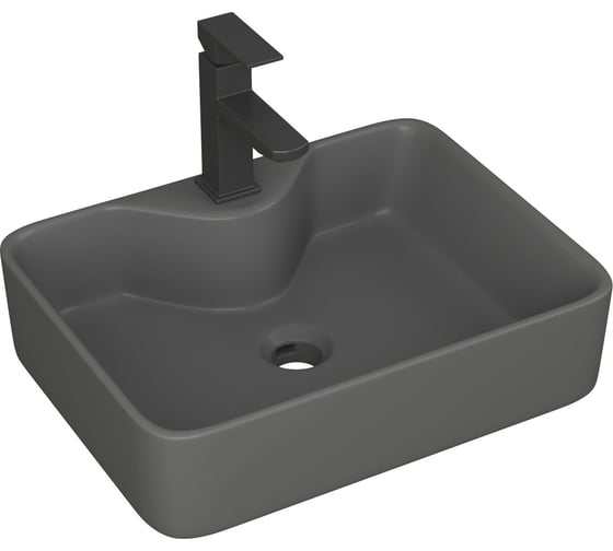 Раковина накладная со смесителем Bauedge (прямоугольная BAU Cerama 48x37, темно-серая матовая + смеситель Hotel Black, черный) YBD2537