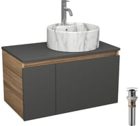 Комплект Bauedge тумба подвесная Bau Dream Blackwood графит 80, 1 ящик, дверца слева, раковина круглая накладная BAU Element D41, мрамор, смеситель Hotel Dre BD3077