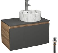 Комплект Bauedge тумба подвесная Bau Dream Blackwood графит 80, 1 ящик, дверца слева, раковина круглая накладная BAU Element D41, мрамор, смеситель Hotel Sti BD3074