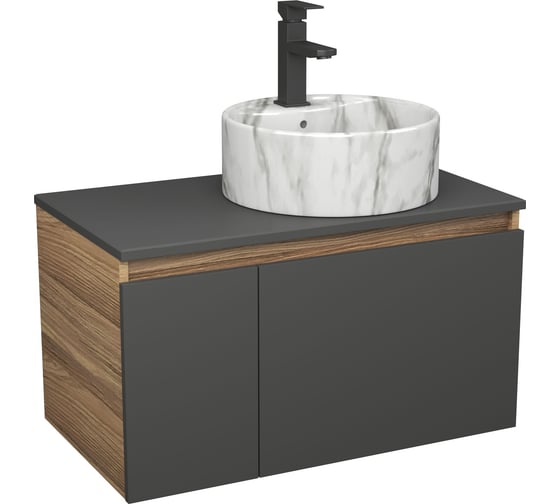 Комплект Bauedge тумба подвесная Bau Dream Blackwood графит 80, 1 ящик, дверца слева, раковина круглая накладная BAU Element D41, мрамор, смеситель Hotel Bla BD3067