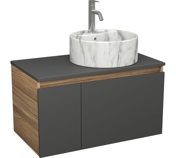 Комплект Bauedge тумба подвесная Bau Dream Blackwood графит 80, 1 ящик, дверца слева, раковина круглая накладная BAU Element D41, мрамор, смеситель Hotel Dre BD3068