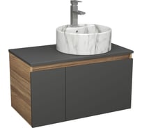 Комплект Bauedge тумба подвесная Bau Dream Blackwood графит 80, 1 ящик, дверца слева, раковина круглая накладная BAU Element D41, мрамор, смеситель Hotel Sti BD3066
