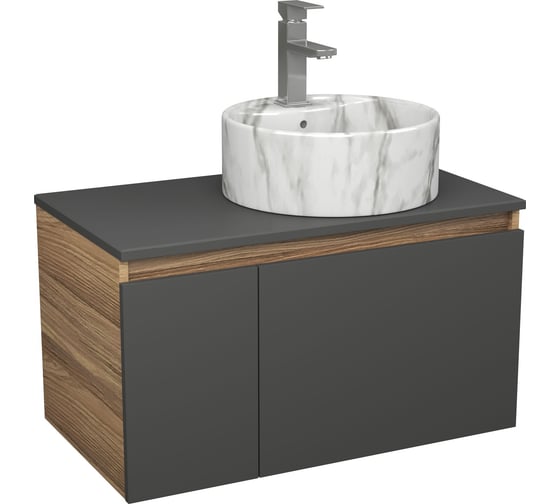 Комплект Bauedge тумба подвесная Bau Dream Blackwood графит 80, 1 ящик, дверца слева, раковина круглая накладная BAU Element D41, мрамор, смеситель Hotel Sti BD3066