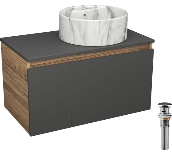 Комплект Bauedge тумба подвесная Bau Dream Blackwood графит 80, 1 ящик, дверца слева, раковина круглая накладная BAU Element D41, мрамор, выпуск клик клак черный BD3071