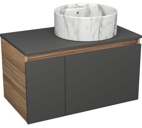 Комплект Bauedge тумба подвесная Bau Dream Blackwood графит 80, 1 ящик, дверца слева, раковина круглая накладная BAU Element D41, мрамор BD3065