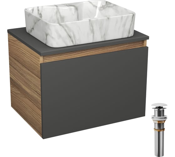 Комплект Bauedge тумба Bau Dream Blackwood графит 60, 1 ящик, раковина прямоугольная BAU Cerama 48х37, мрамор, выпуск клик клак белый BD3084